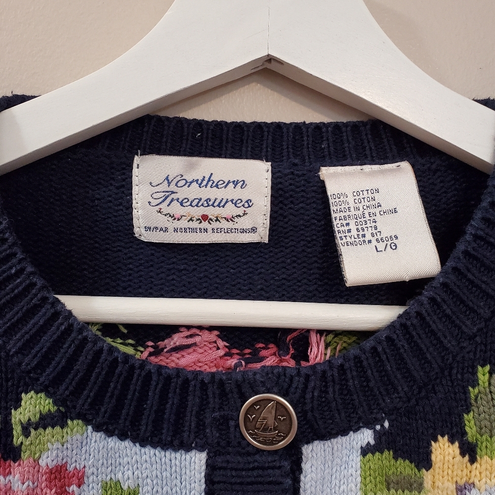Vintage Northern Reflections - Intarsia Cotton Knit Cardigan Sailboat Scene - L - Picture 2 of 11
